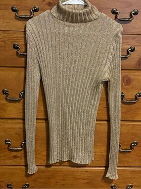 Stefanel Metallic Gold Ribbed Turtleneck Sweater